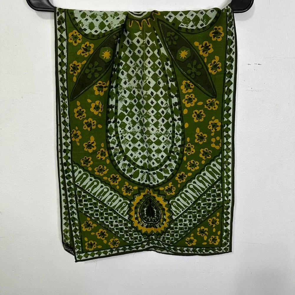 Vintage Vera Neumann Wool Silk Scarf Green Yellow Geometric Floral Made in Japan